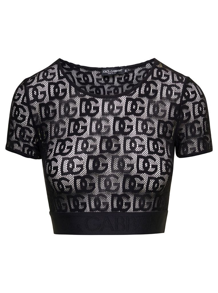 Black Crew Neck Cropped Top With Dg Logo All-Over In Cotton Blend Woman