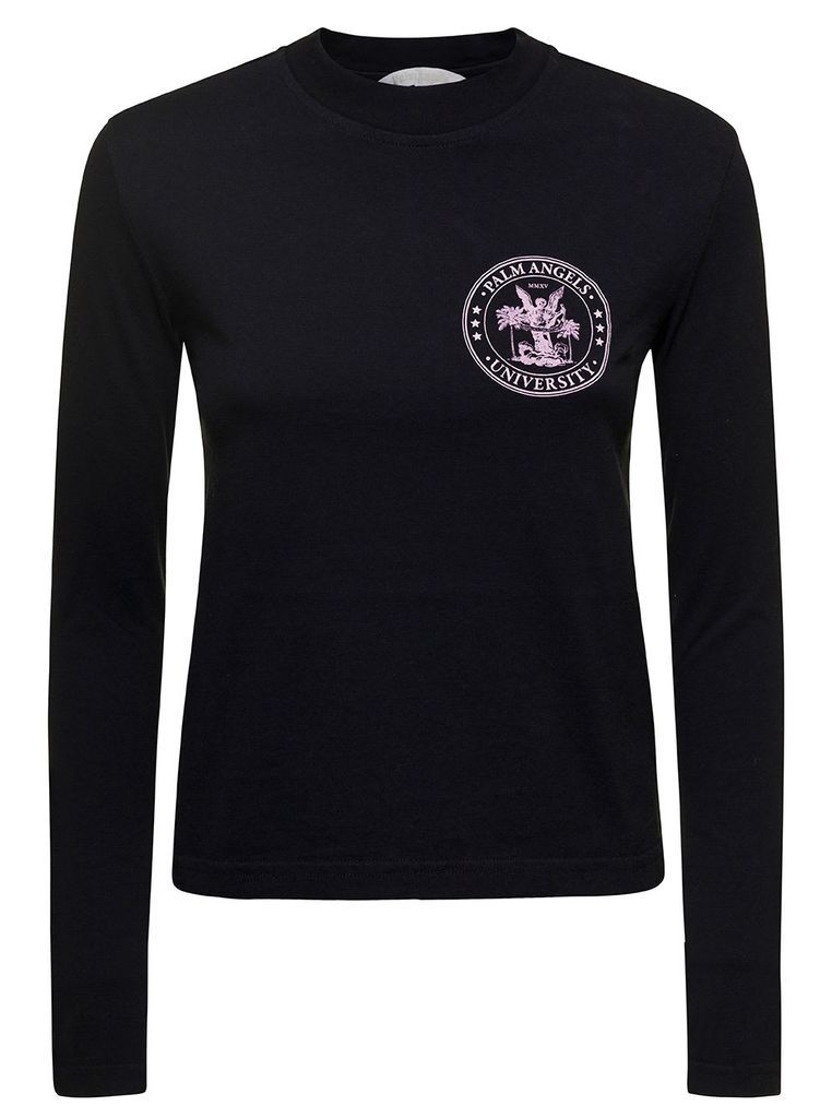 Black Long-Sleeve Top With College-Style Logo In Cotton Woman