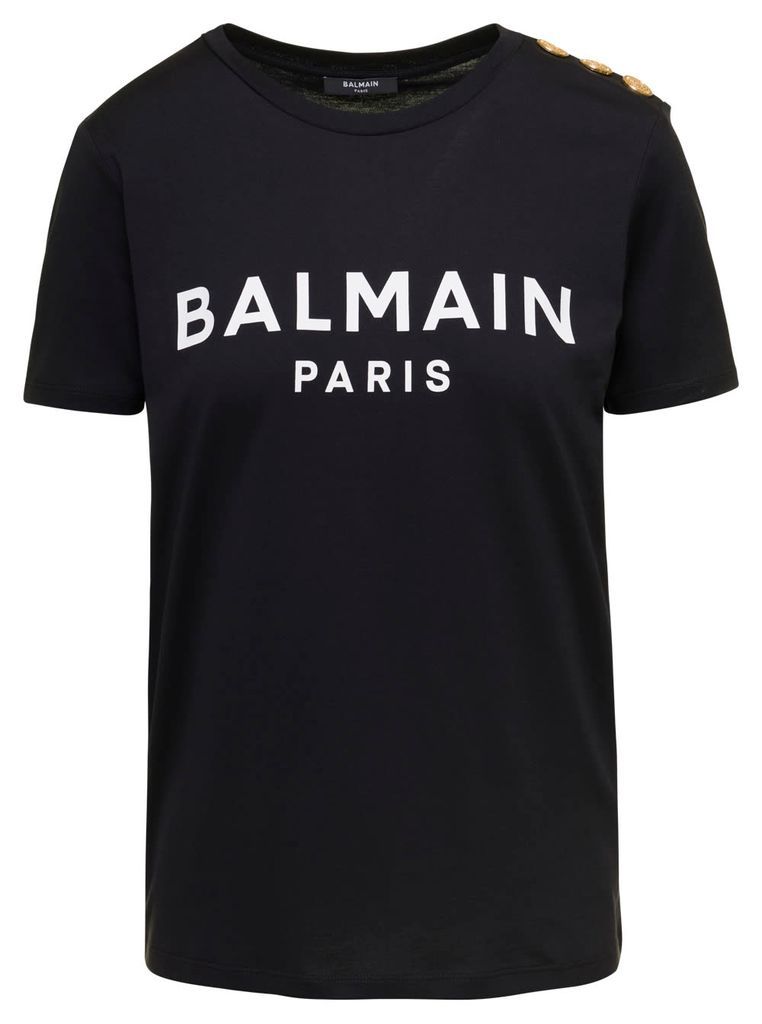 Black T-Shirt With Contrasting Lettering And Buttons Detail In Cotton Woman Balmain
