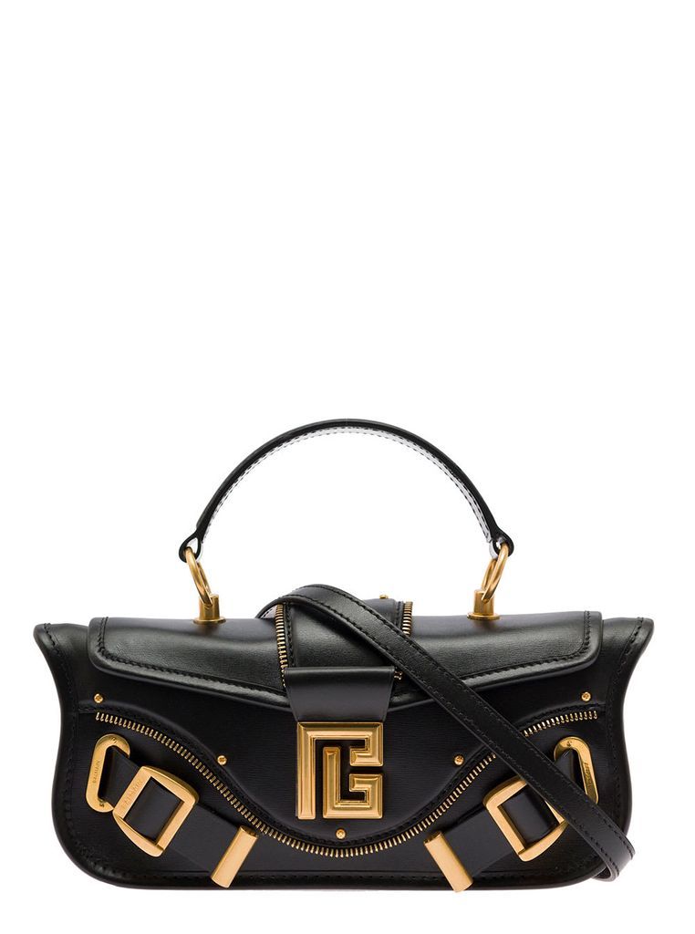 Blaze Black Clutch Bag With Pb Logo And Buckles In Smooth Leather Woman Balmain