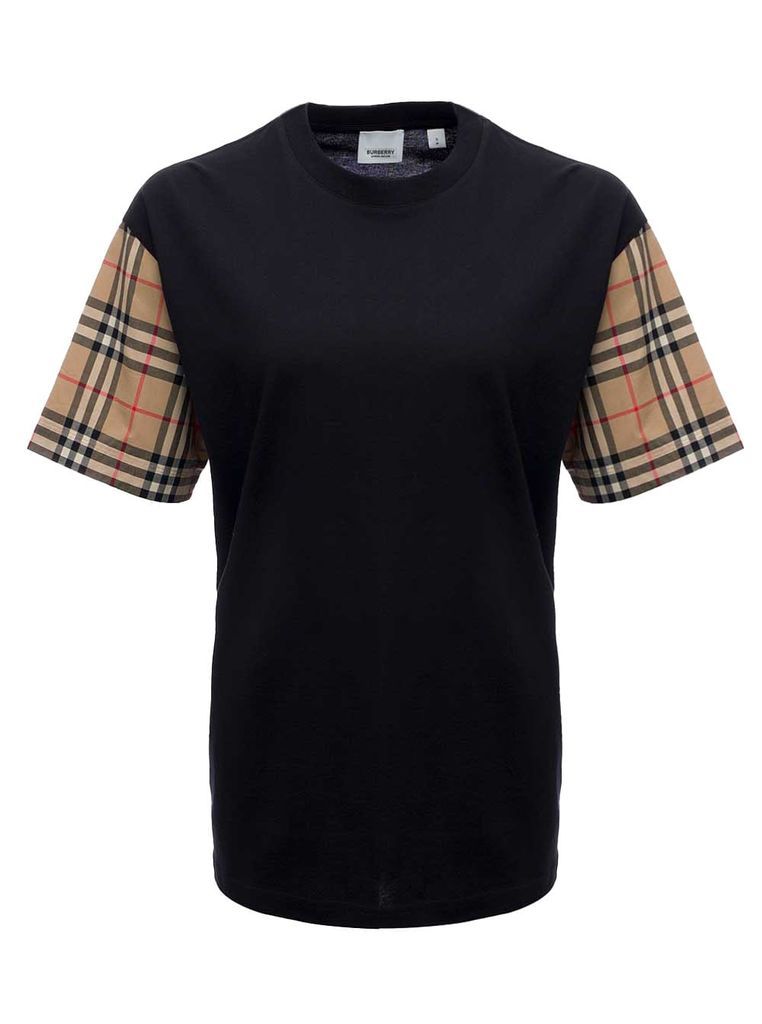 Black Cotton T-Shirt With Vintage Check Sleeves