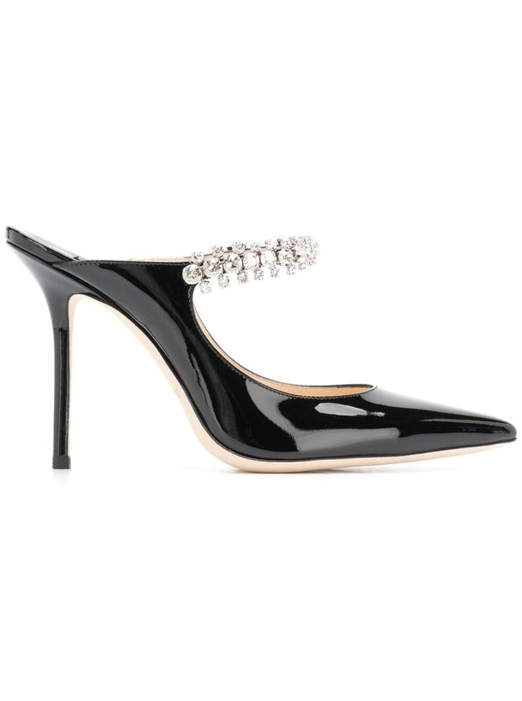 Black Patent Leather Pumps With Crystal Strap Woman