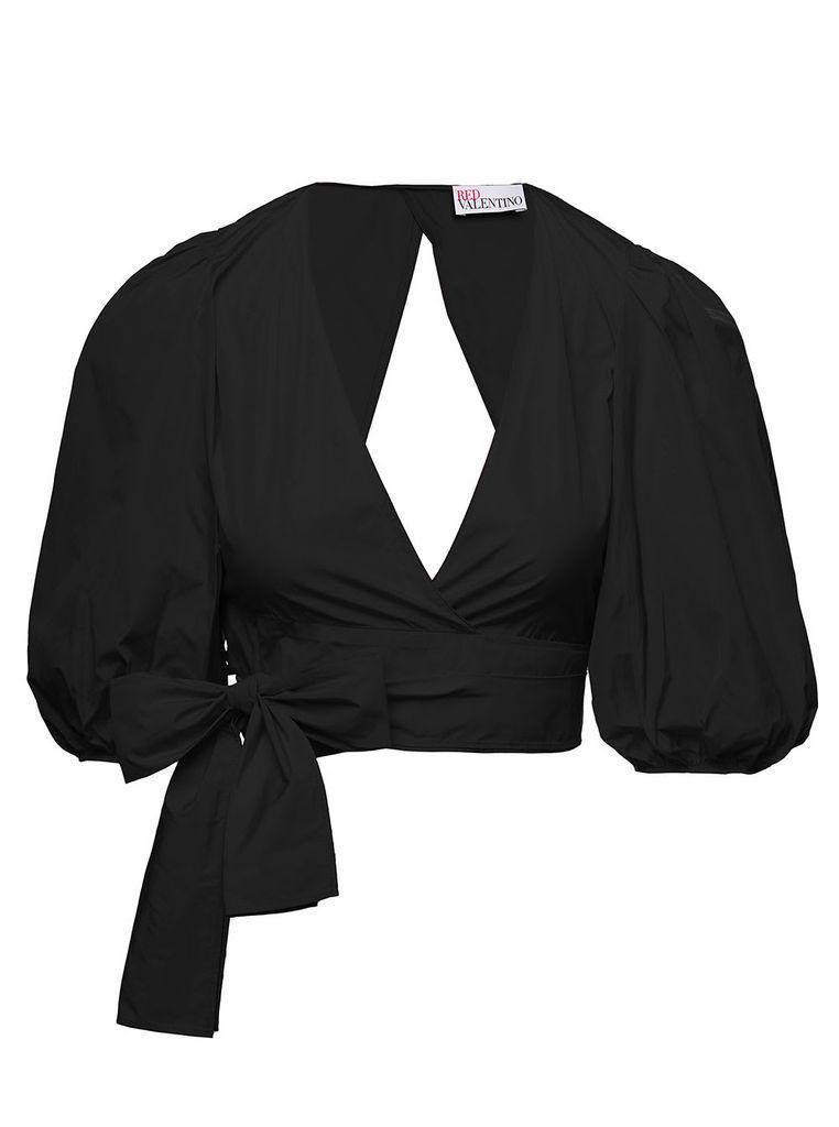 Black Crop Blouse With Bow And Triangle Cut-Out Detail In Taffeta Woman