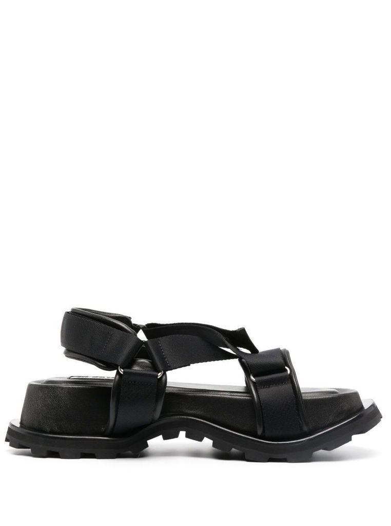 Black Hiking Platform Sandals With Touch Strap In Leather Woman