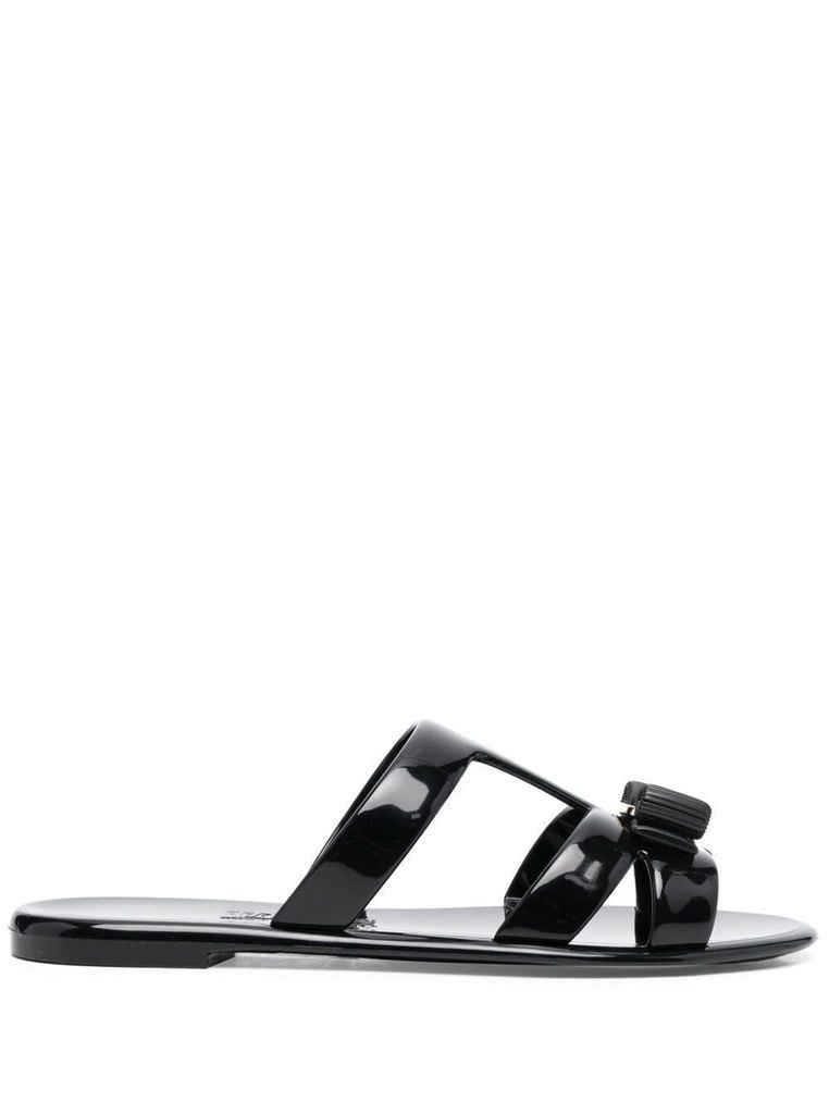 Black Vinyl Sandals With Gold Metallic Decoration On The Front