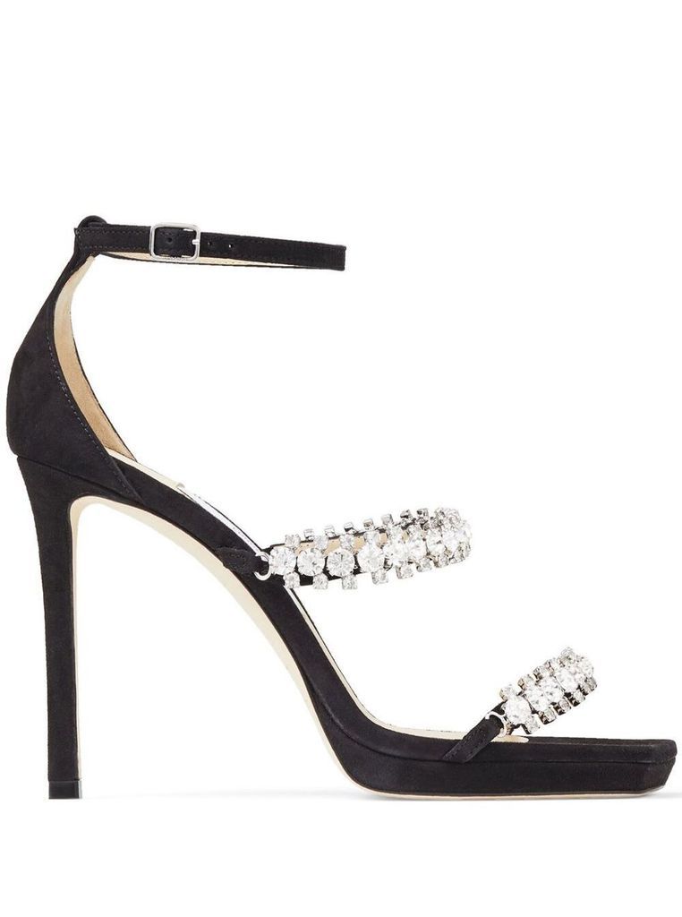 Black Bing Sandals With Crustal Embellishment In Leather Woman