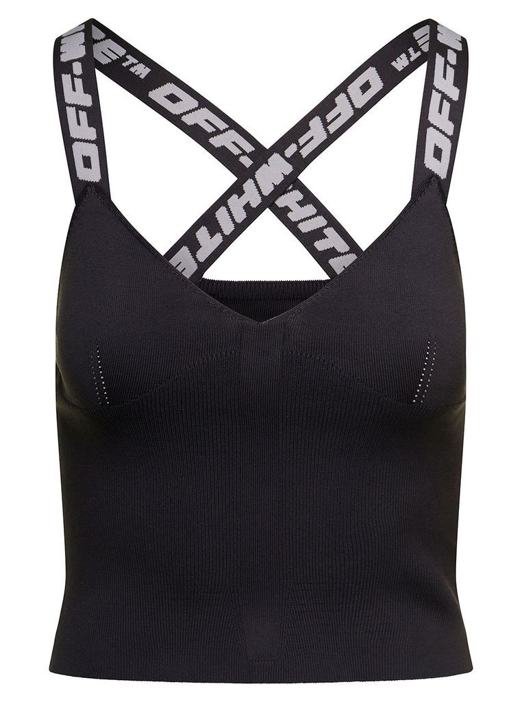 Black Vest Top With Branded Criss-Cross Shoulder Straps In Stretch Polyester Blend Woman