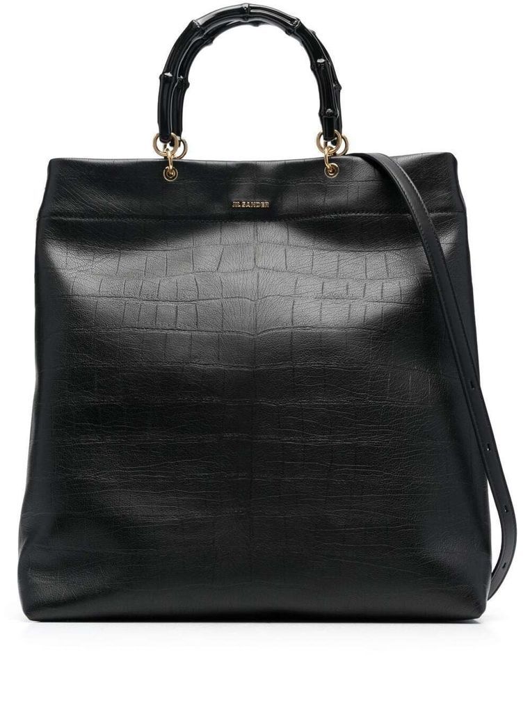 Black Croco Embossed Tote Bag With Bamboo Handles In Leather Woman