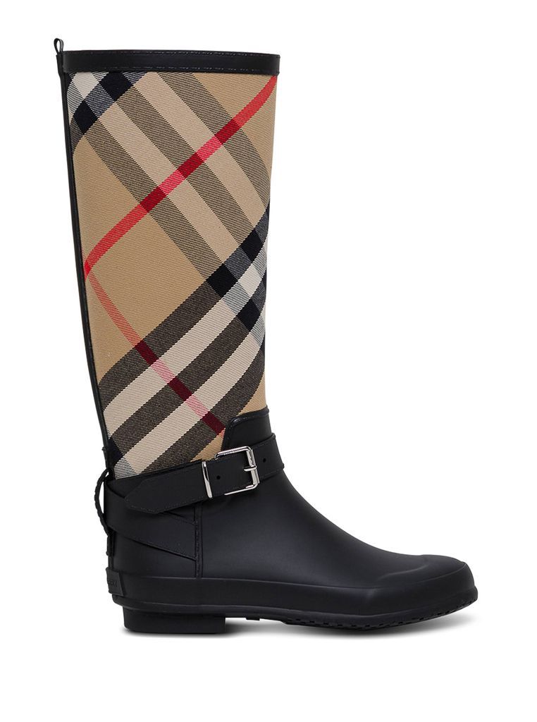 Black And Beige Rain Boots With House Check Motif In Rubber Woman
