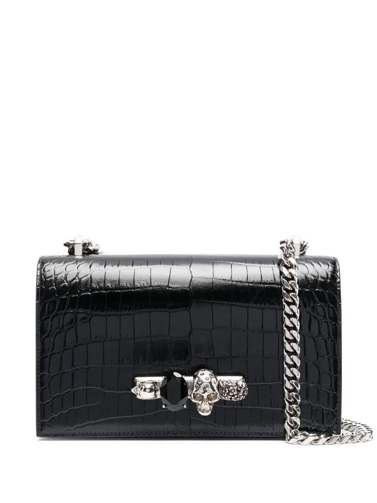 Black And Silver Jewelled Satchel Bag In Crocodile-Effect Leather