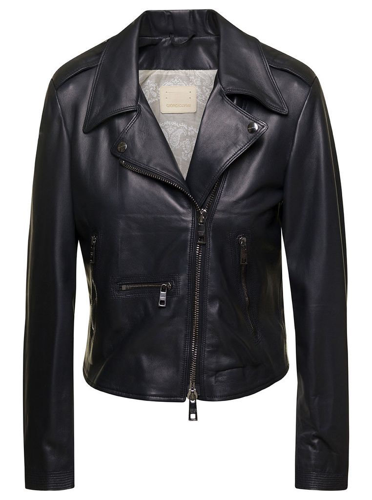 Black Biker Jacket With Wide Peak Lapels In Leather Woman