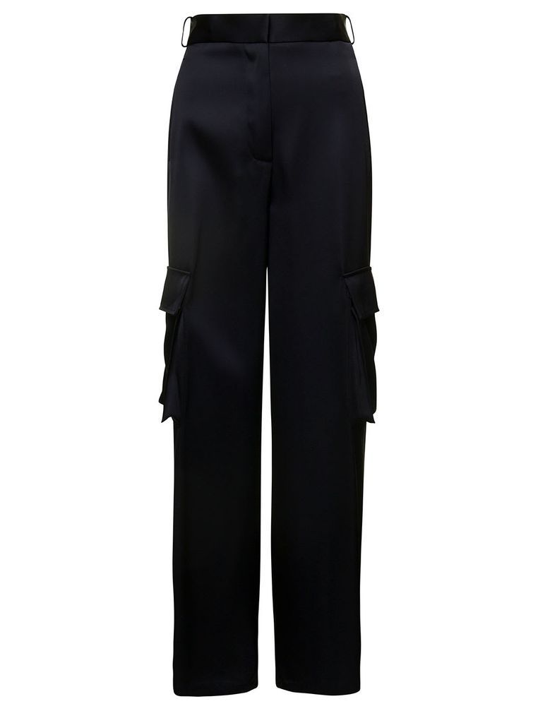 Black Cargo Pants Satn Effect With Cargo Pockets In Viscose Woman