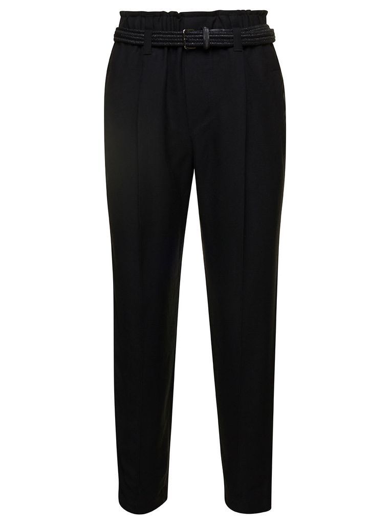 Black Cropped Pull-Up Pants With Belt In Rayon Blend Woman