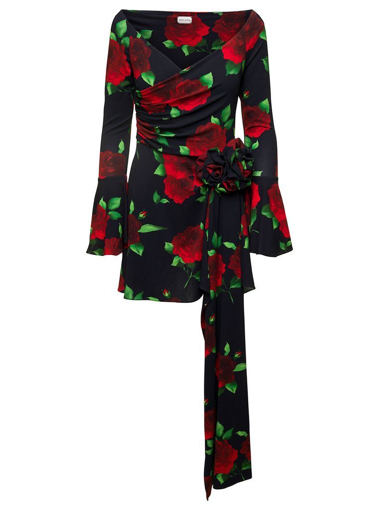 Black Flared Mini-Dress With Floral Print All-Over In Viscose Woman