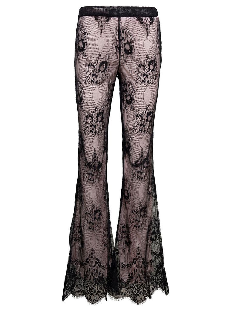 Black Flared Pants With Floral Lace All-Over In Polyester Woman