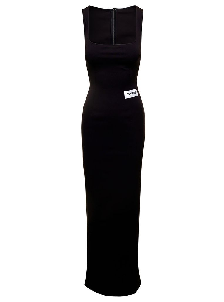 Black Floor-Length Dress With Patch In Rayon Woman