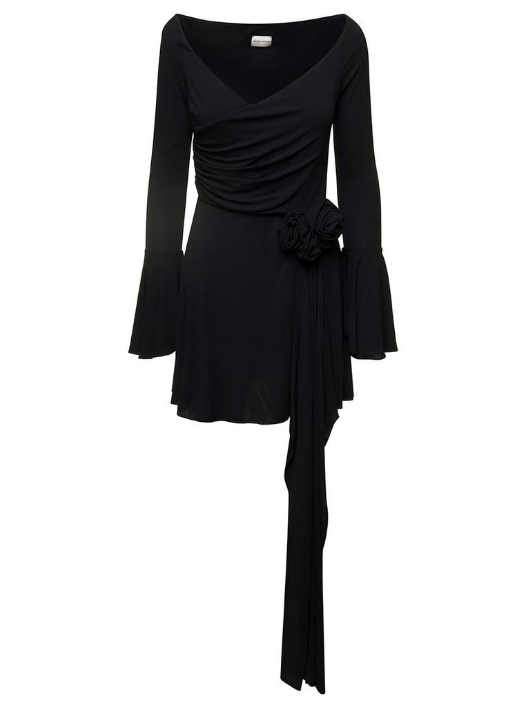 Black Fluted Mini Dress With Rose-Appliquè In Viscose Woman