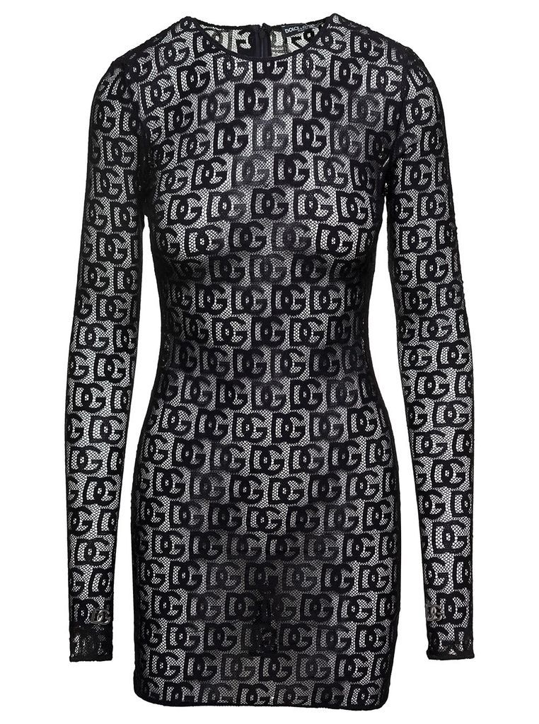 Black Jacquard Mini Dress With Logo Motif All-Over In Cotton Blend Woman