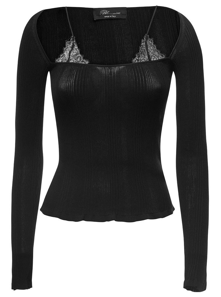 Black Long-Sleeves Top With Lace Details In Stretch Viscose Woman