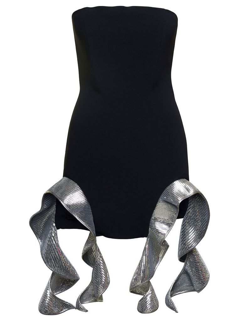 Black Metallic Ruffle Strapless Minidress In Acetate Woman