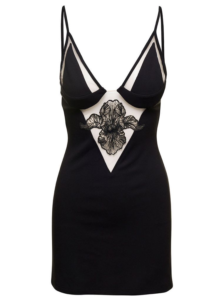 Black Sleeveless Minidress With Embroidered Flower In Viscose Blend Woman