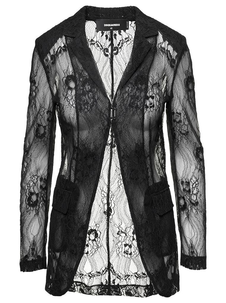 Black Transparent Lace Siingle Breasted Blazer In Polyester Woman