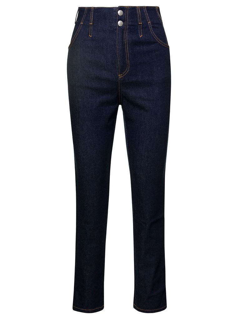 Blue High-Waisted Jeans With Contrasting Stitching In Cotton Blend Denim Woman
