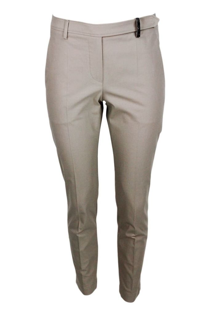 Boyfit Cigarette Trousers In Stretch Cotton Twill With Light Texture And Waist Loop Embellished With Jewels