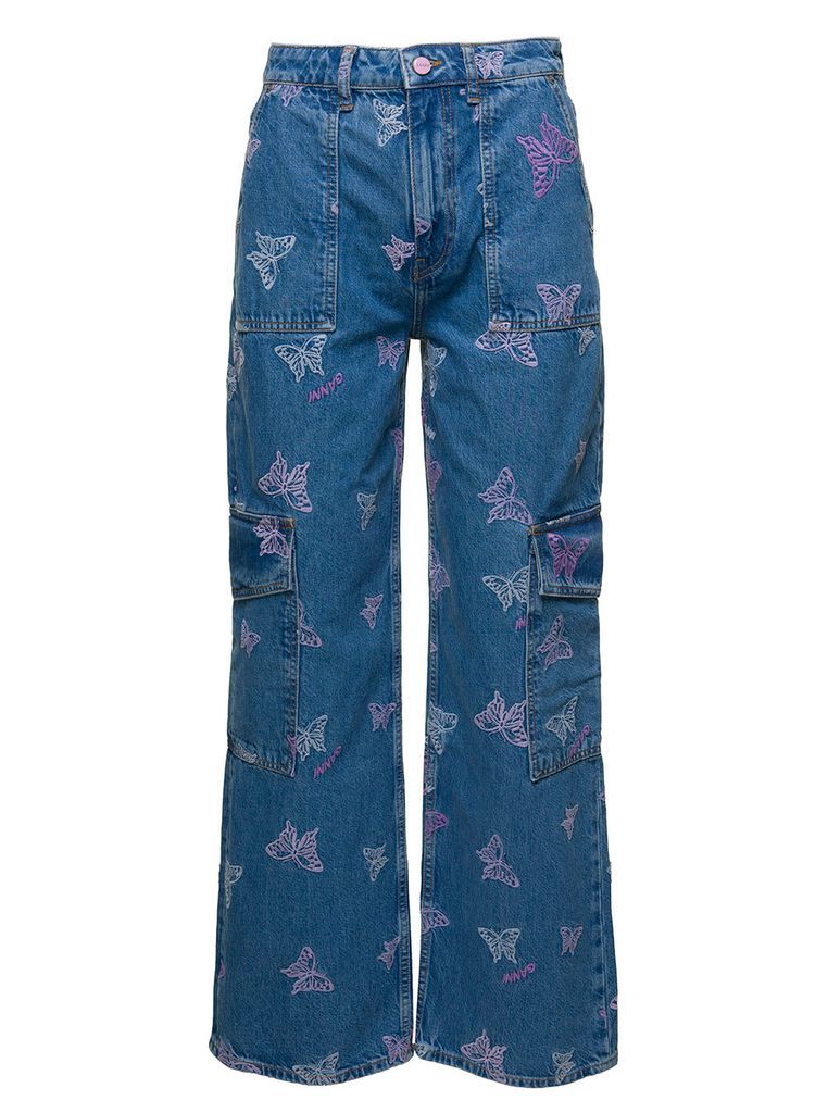 Blue High-Waisted Jeans With Butterfly Embroidery In Cotton Denim Woman Ganni