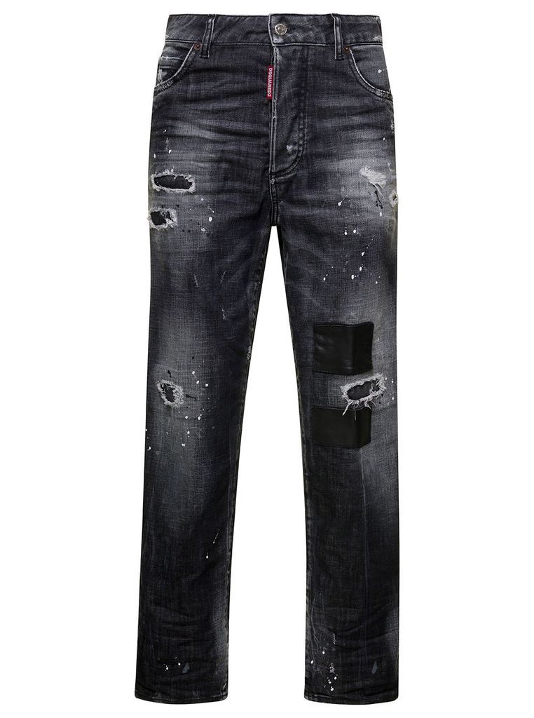 Boston Black Straight Jeans With Paint Stains And Used Effect In Stretch Cotton Denim Woman