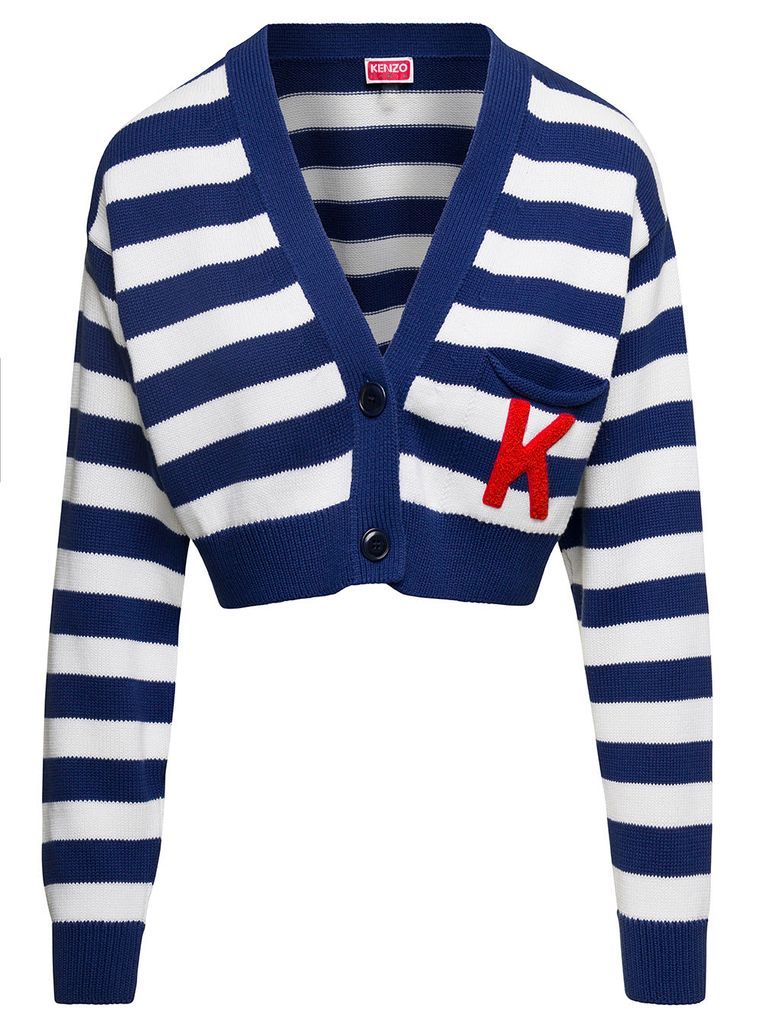 Blue And White Nautical Striped Cropped Cardigan In Cotton Woman