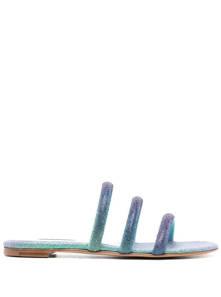 Blue And Green Flat Hollywood Glittered Sandals In Calf Leather Woman