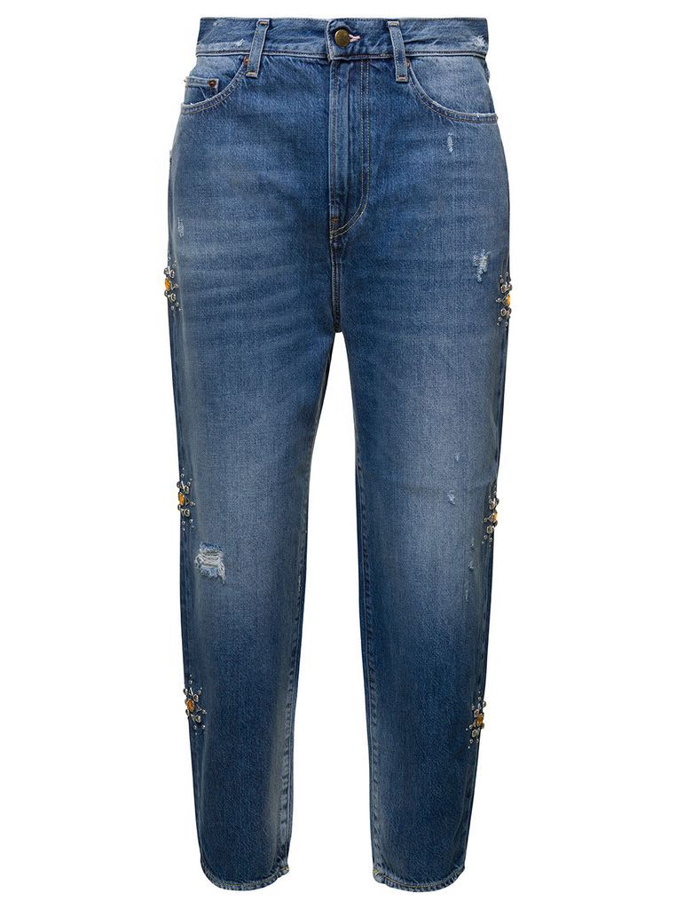 Blue Denim High Waisted Cropped Jeans In Cotton Woman