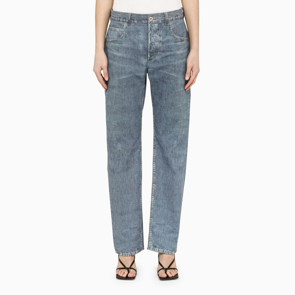 Blue Denim-Effect Leather Trousers