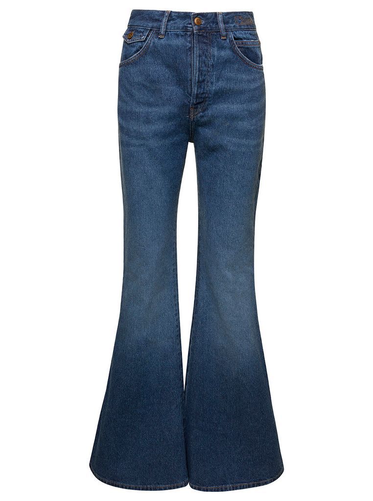 Blue Flared Jeans With Front Logo Embroidery In Cotton Blend Denim Woman
