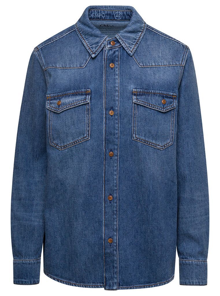 Blue Long-Sleeve Shirt With Contrasting Stitching In Denim Woman
