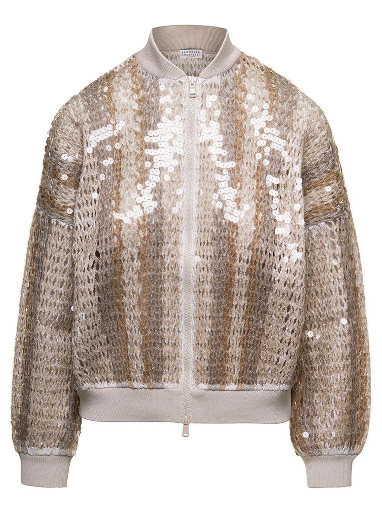 Brown Bomber Dazzling Stripe Embroidery With Paillettes And Ribbed Cuffs In Juta Woman