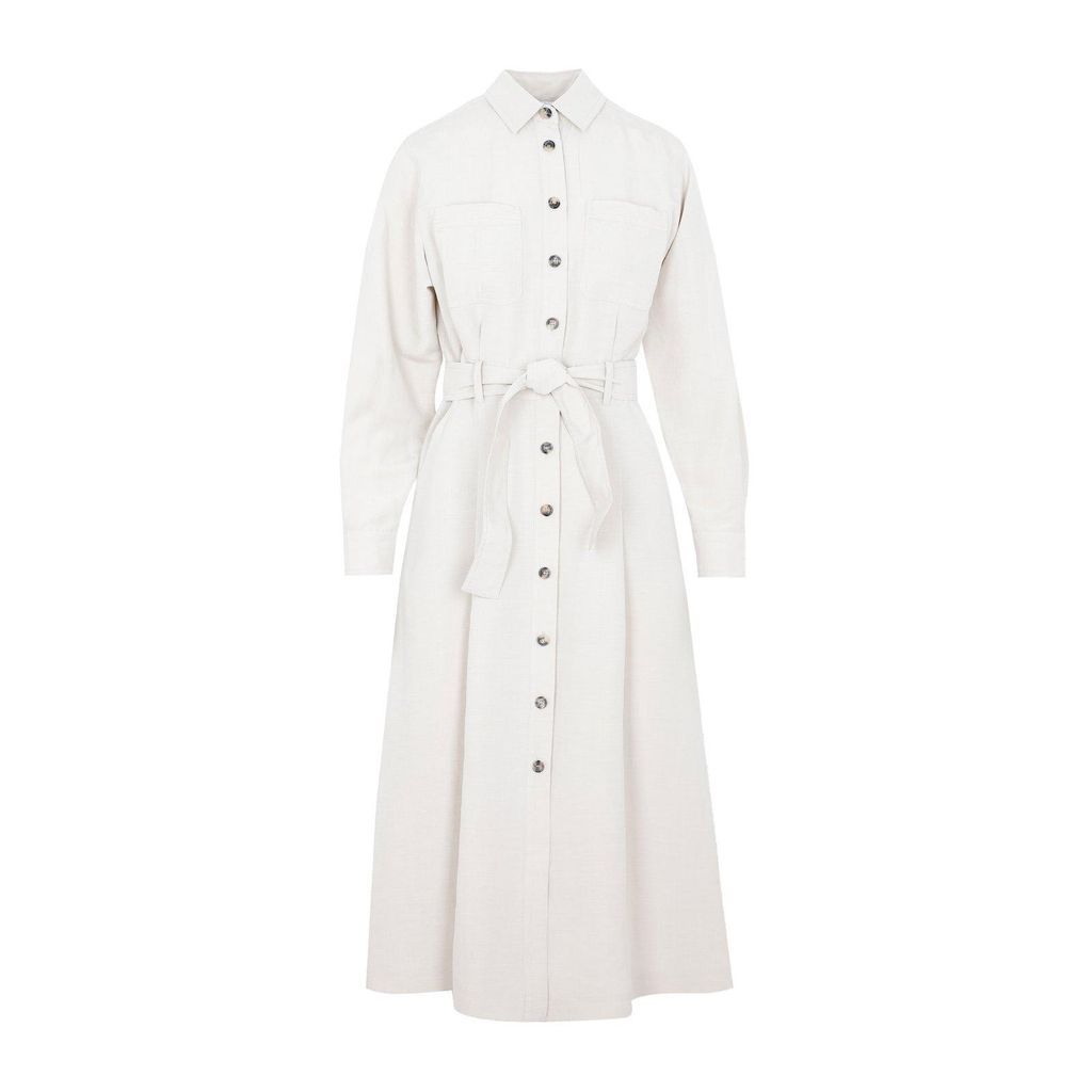 Buttoned Long-Sleeved Belted Dress