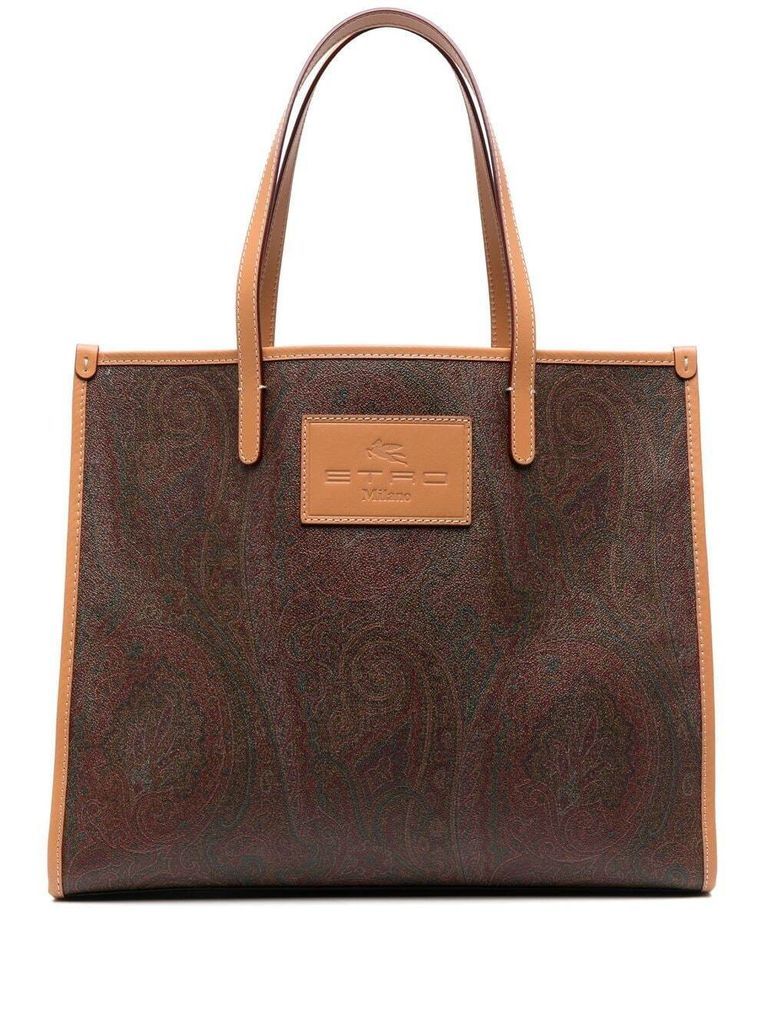 Brown Globetrotter Tote Bag With Pisley Print And Logo Patch In Calf Leather Woman