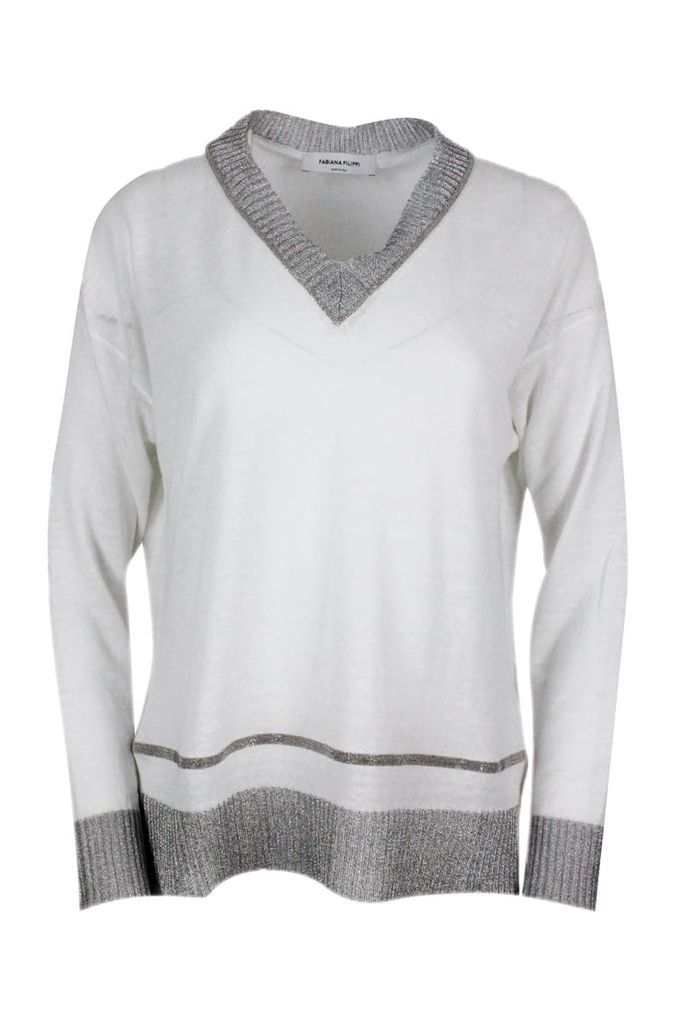 Cotton And Hemp Thread Sweater With V-Neck