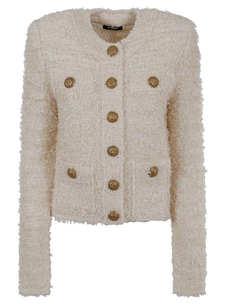 Collarless 4 Pkts Buttoned Tweed Jacket