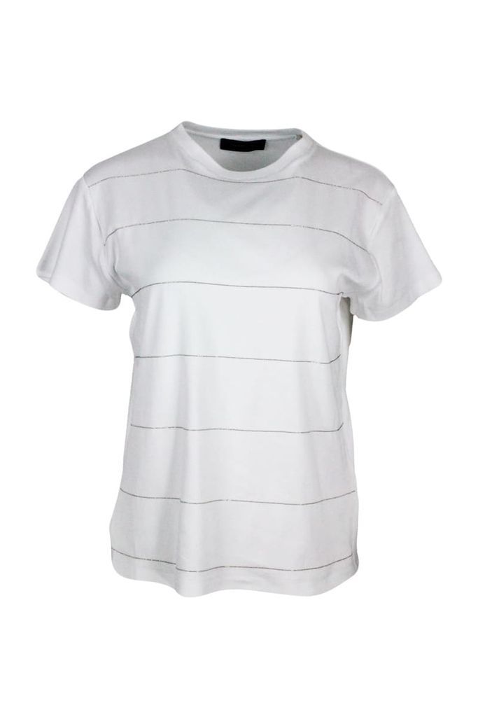 Crew-Neck T-Shirt In Stretch Ribbed Cotton Embellished With Rows Of Shiny Monili