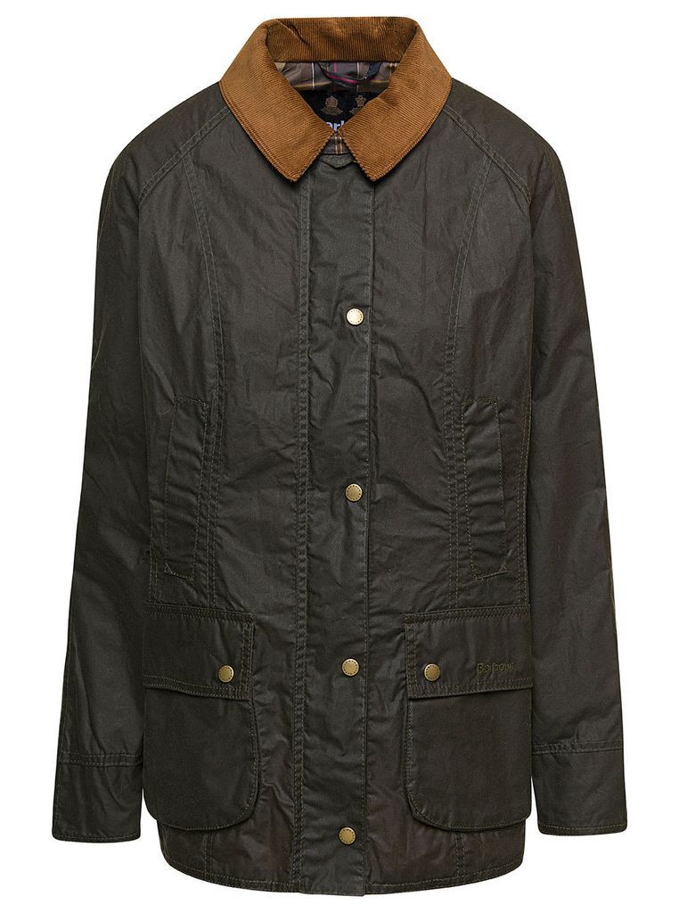 Dark Green Jacket With Ribbed Collar In Waxed Cotton Woman