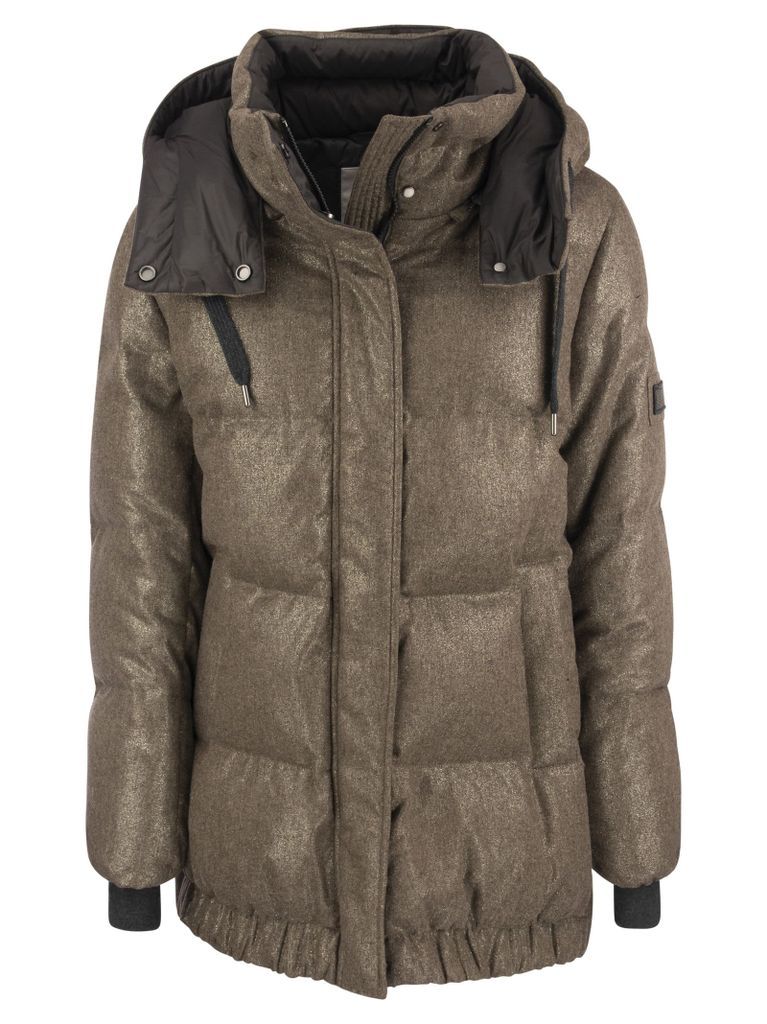 Down Jacket In Techno Lamé Wool With Detachable Hood And Precious Patch.