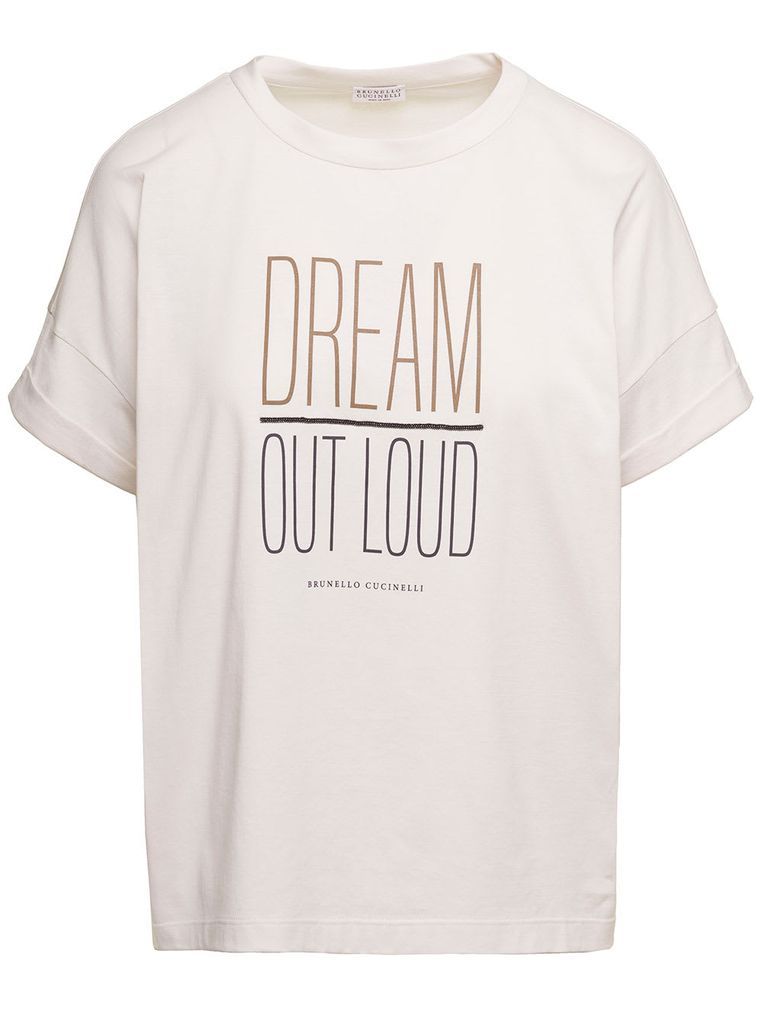Dream Out Loud White Printed T-Shirt In Lightweight Cotton Woman Brunello Cucinelli