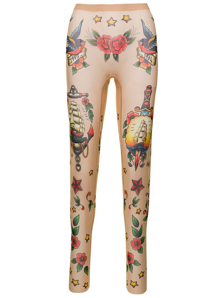 Flesh Pink Stretch Leggings With All-Over Print Woman Dsquared2