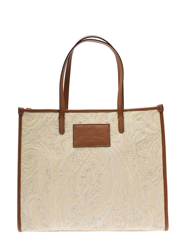 Globetrotter Beige Shopper Bag With Paisley Motif Embroidery In Raffia And Leather Woman