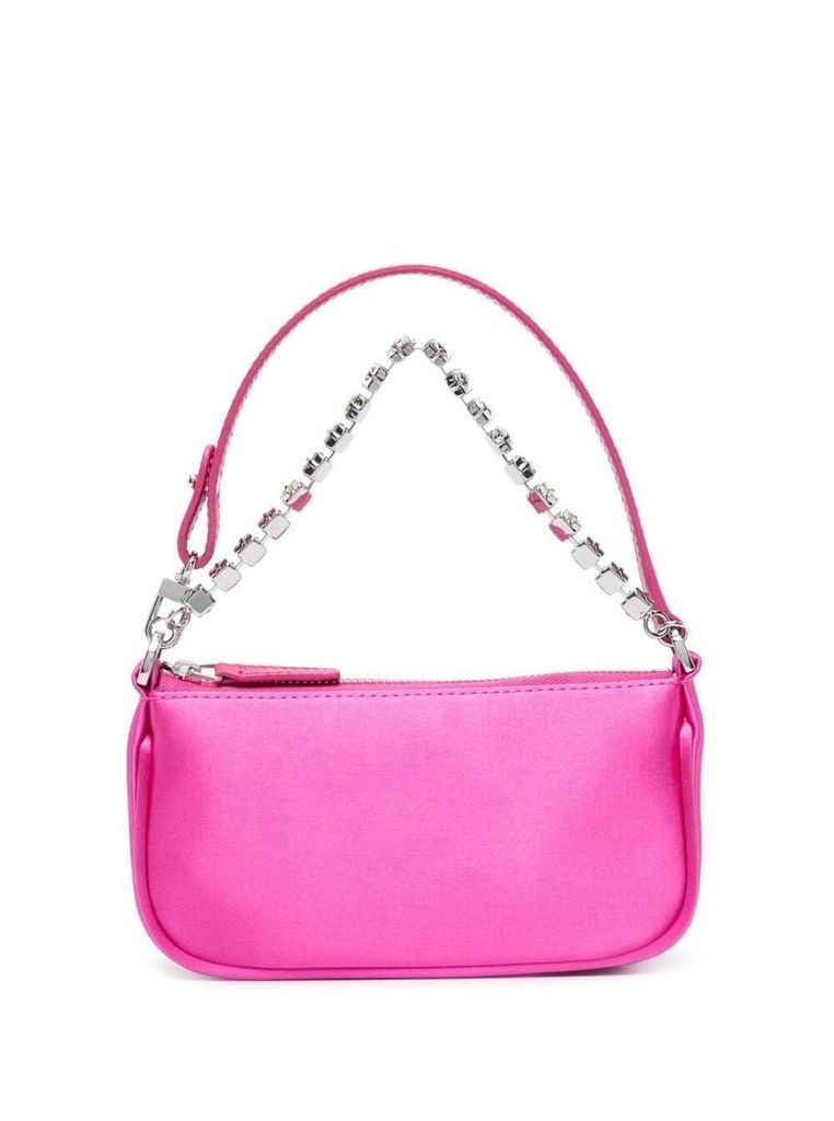 Fuchsia Pink Shoulder Bag With Crystal Embellished Chain In Silk Woman