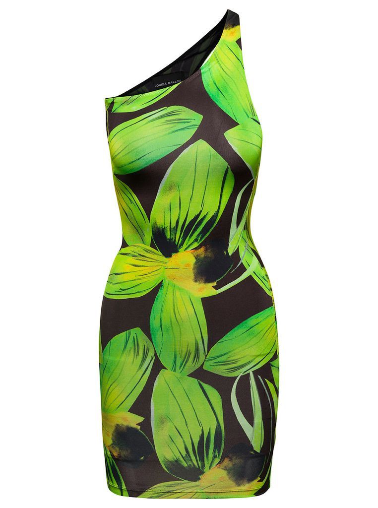 Green One-Shoulder Minidress With Foliage Print All.over Sleeveless In Stretch Viscose Woman