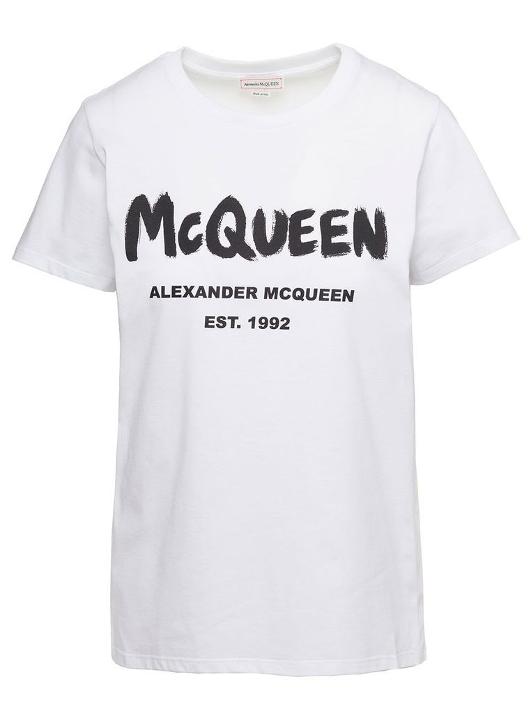 Graffiti White T-Shirt With Contrasting Logo Lettering In Cotton Woman Alexander Mcqueen